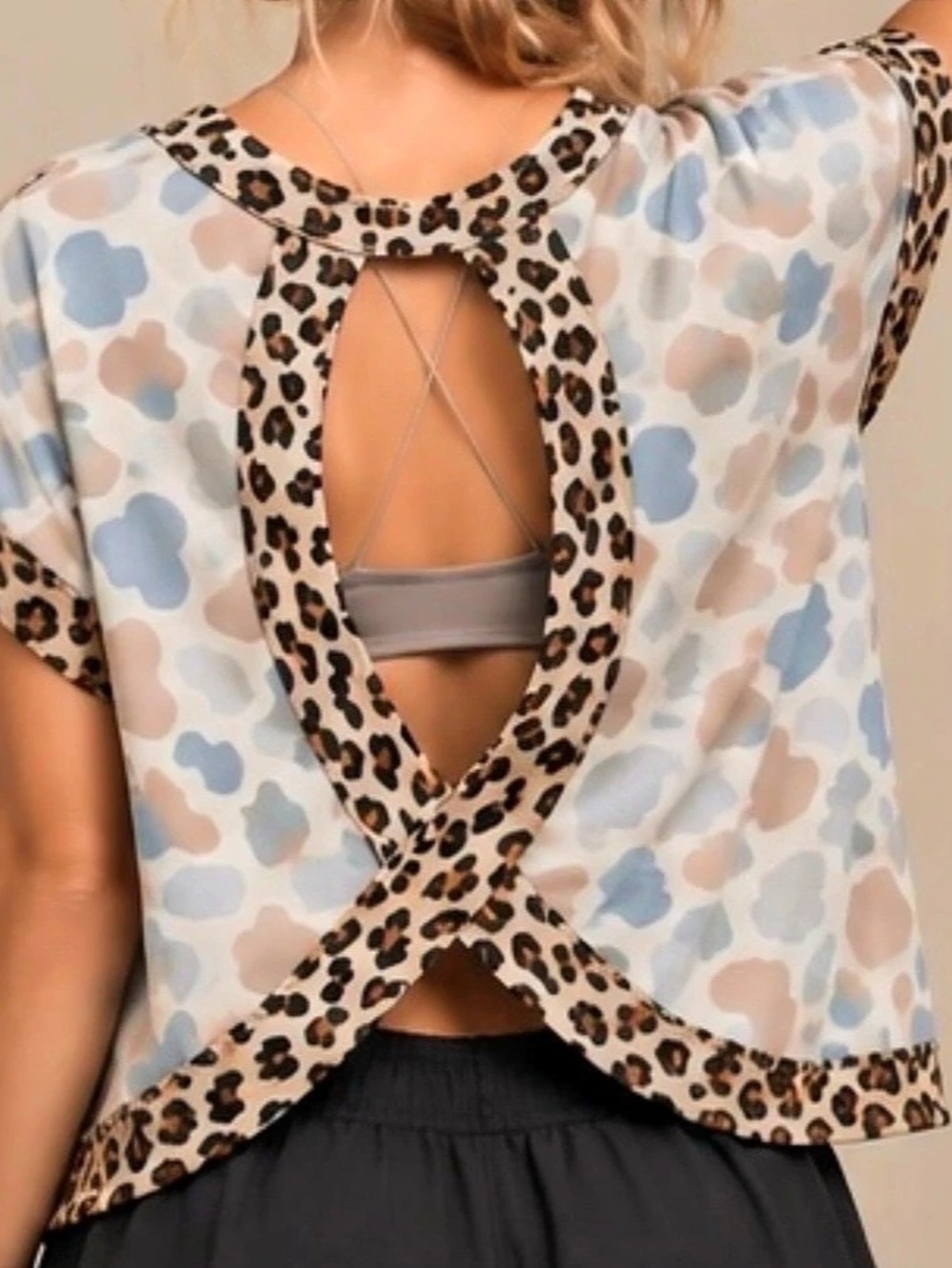 Camo and Leopard Trim Open Back Top in Blue & White